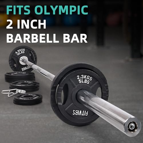 Fitvids Olympic Cast Iron 2-Inch Weight Plates Including 5FT Olympic Barbell Bar & Safely Locks, 100 Pounds Set (85 Lbs Plates + 15 Lbs Barbell Bar), Multiple Packages