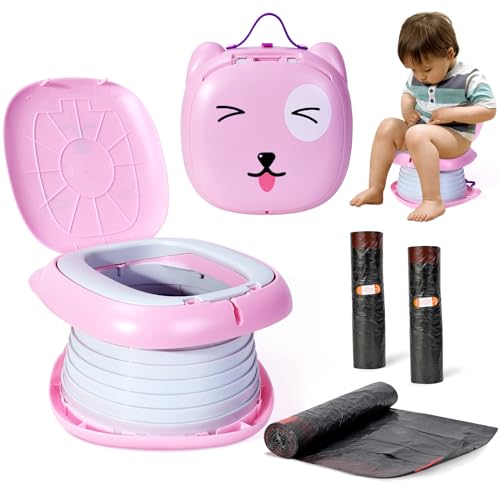 Image of Orzbow Portable Travel Potty for Toddler Boys and Girls with Storage Bag, Foldable Potty Training Toilet for Car, Emergency Potty Seat for Indoor Outdoor, Includes Free 45pcs Travel Bags, Pink