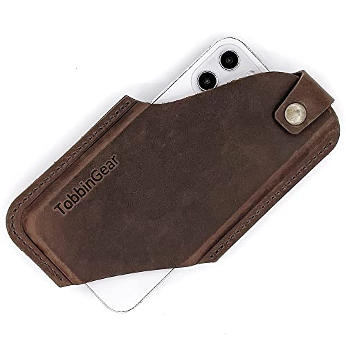 TobbinGear Leather Cell Phone Holster with Belt Clip, Leather Belt Phone Pouch, Universal Leather Phone Case on Belt, Phone Holder for iPhone, Cell Phone Sheath Medium Dark Brown