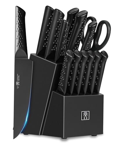 Knife Sets for Kitchen with Block, HUNTER.DUAL 15 Piece Knife Set with Built-in Sharpener,...