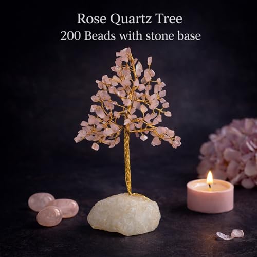 Image of REMEDYWALA Charged Energized Rose Quartz Crystal Tree with Stone Base for Reiki Healing Stone Tree 200 Beads