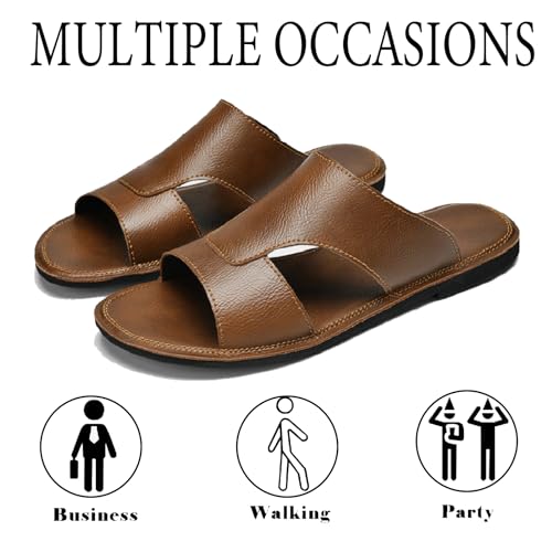 Image of Men's Leather Cutout Slides Sandals Comfortable Lightweight Open Toe Anti-Slip Soft Bottom Slip On Slippers Summer Outdoor Casual Beach Sandals