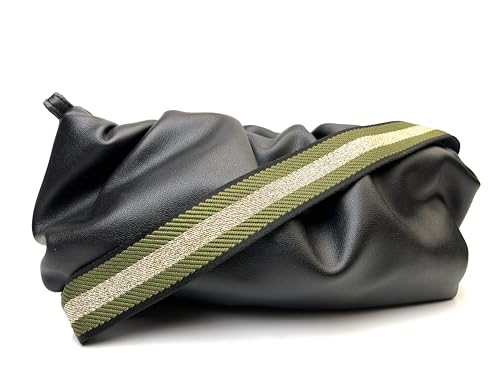 Image of Black Green Gold Thread Stripe Purse Strap with Gunmetal Black Hardware 1-1 /2 Inch Wide Replacement Crossbody Guitar Style Shoulder Strap for Handbags Totes