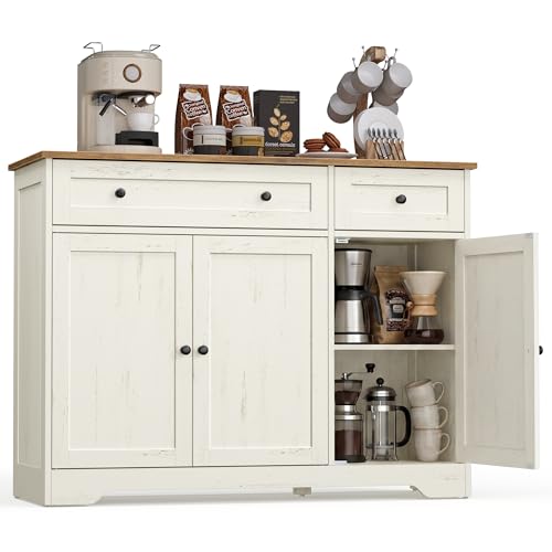 VASAGLE Siren Colección - Aparador, Armario Almacenaje, con 2 Cajones y Estantes Ajustables, 3 Puertas, Rincón de Café, 40 x 106,8 x 80 cm, Blanco Rústico LSC531WJ01