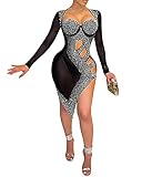 CUTUBLY Women Birthday Dresses Rhinestone Cut Out Bodycon Mini Club Sexy Dress Party Club Night Short Dress(5207,Black,M)