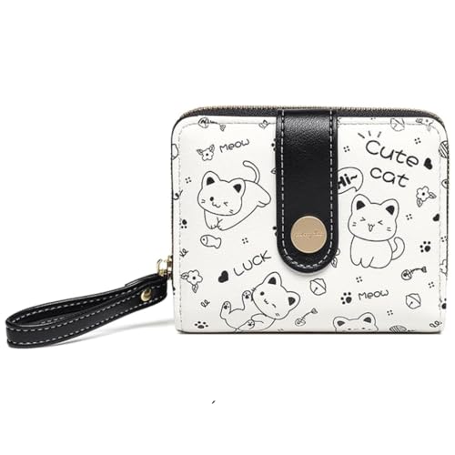 Carteira Feminina Kawaii com Estampa de Gatos – Bifold em Couro PU com Zíper Externo, Porta Moedas e Porta Cartões Compacta, Estilo Fofo para Uso Diário e Viagens
