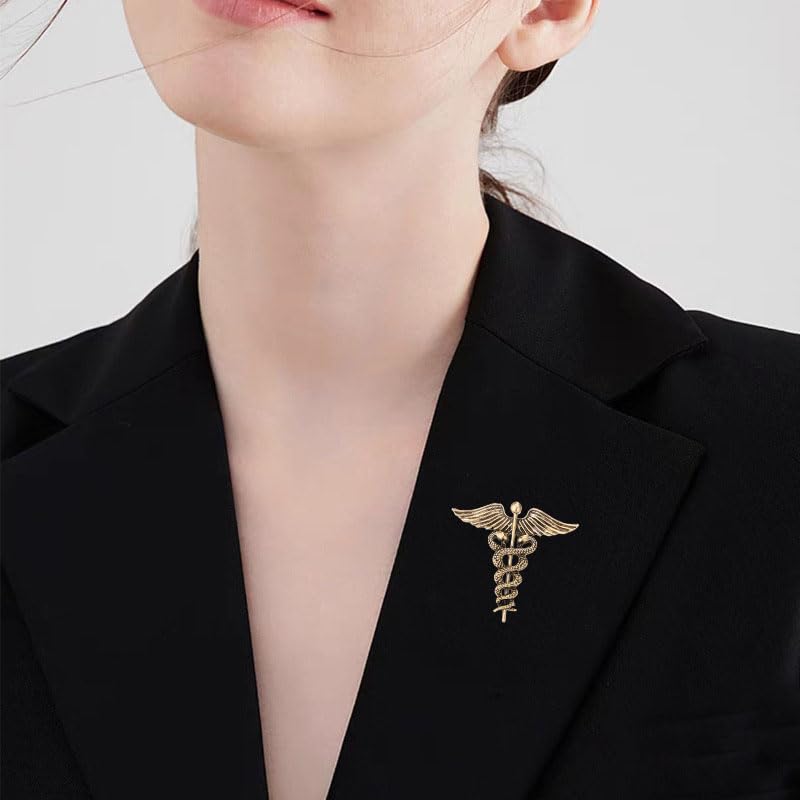 Image of Dreuyet Medical Caduceus Angel Nurse Brooch Pins for Nurse Doctor Medical Symbol Stethoscope Snake Caduceus RN Nursing Badge Crystal Brooches Lapel Pin Wand Brooch Doctor Nurse Therapist Appreciation Jewelry Gift