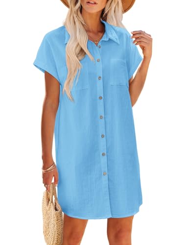 Zeagoo Woman Tshirt Sundress Button Down Cotton Casual Short Sleeve Tunic Dress Linen Sundress Spring Summer Flowy V Neck Mini Dresses,Blue,M
