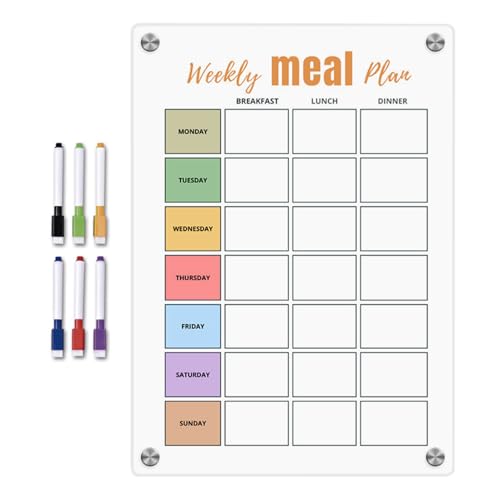 Planificador magnético – Pizarra de preparación semanal de acrílico | Juego de bolígrafos coloridos, 29,7 x 21 cm | Bloc organizador de lista de comestibles borrable | de planificación montado