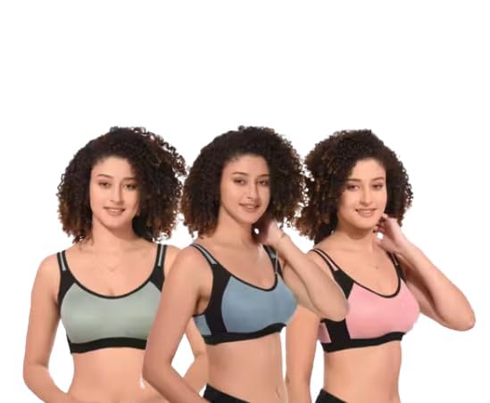 Women's Sports Bra Pack of 3, Non-Padded, Double Strap, Pink, Blue & Green with Black (in, Numeric, 36, AB)-image-21