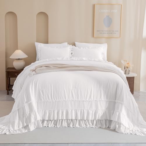 Image of QSH 3PCs Natural White Ruffled Oversized King Comforter 120x120, Shabby Boho Chic Farmhouse Ruffle Bed Comforter Set California King Comforter Ultra Soft Microfiber Lightweight Fluffy Bedding