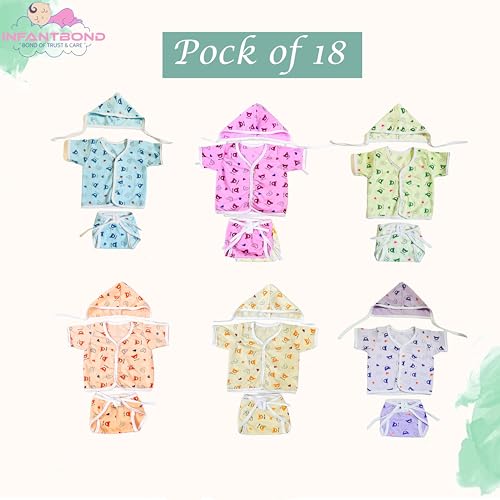 Image of Fareto New Born Baby Clothing Set Front Open Half 6 Shirts | 6 Tying Nappies | 6 Tying Caps | Infant Cloths (0-3 Months) (Pack Of 18)