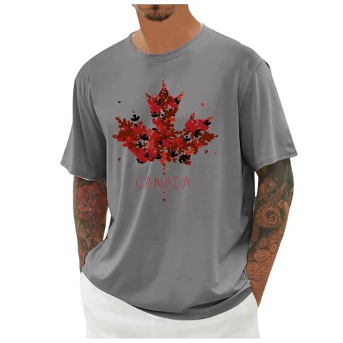 Camiseta informal de manga corta para hombre con bandera de hoja de arce canadiense para vacaciones, fiestas, vacaciones, viajes, uso diario, gris, L