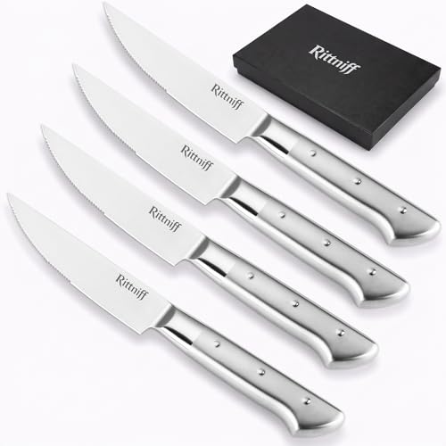 Rittniff Steak Knives Set of 4, 5-Inch Serrated Stainless Steel Steak Knife Set with Wide Stainless Handle, Gift-Ready Box for Steak Night, BBQ, Housewarming & Wedding