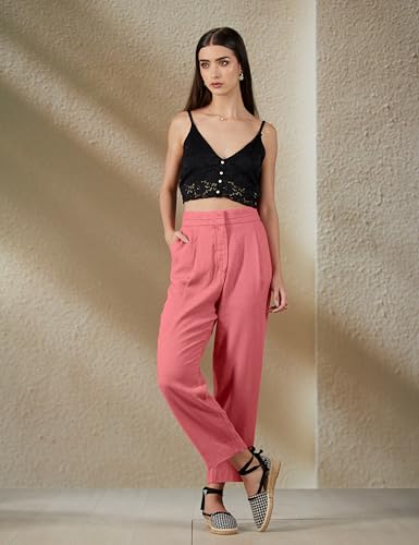 Image of Marks & Spencer Linen Mix Plain Comfort Fit Trousers