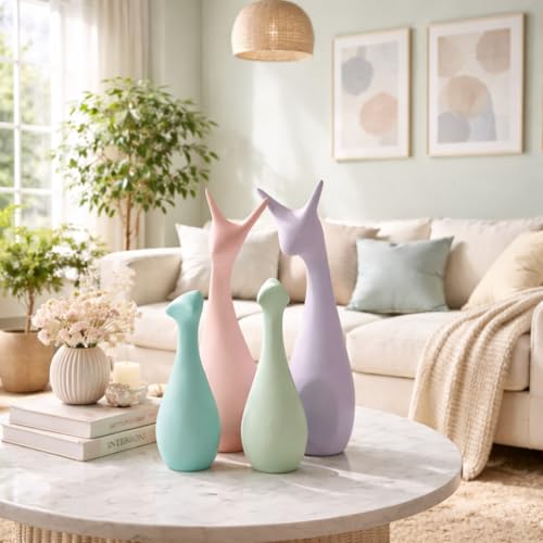 Image of Xtore Ceramic Home Decor Lucky 4 Deer Family Figurine with Supreme Matte Finish | Pastel Color | for Home /Office /Living Room /Kitchen /Gifting - (Set of 4, Multicolor)