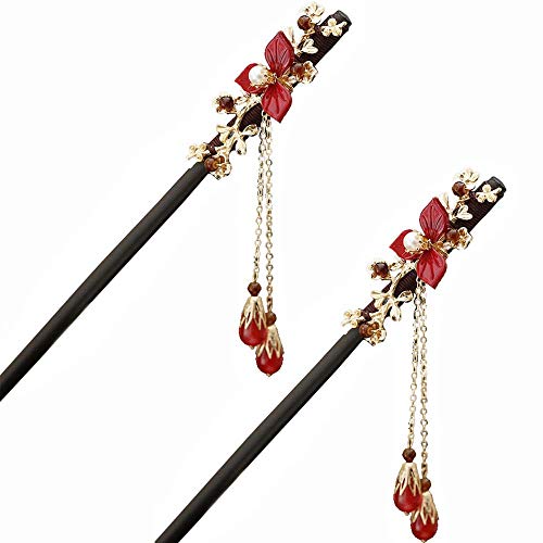 BeeSpring 2 PACK Hair Sticks for Long hair, Chinese Wood Hairpin with Tassel for Women (red)