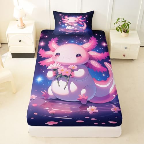 Image of jejeloiu Cute Axolotl Bed Sheets Set Twin Size Cartoon Pink Axolotl Bed Set Kawaii Salamander Sea Ocean Animal Deep Pocket Fitted Sheet Purple Dreamy Starry Breathable Soft Lightweight Microfiber