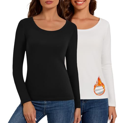 Bonneuitbebe Women's Thermal Shirt 2 Pack Long Sleeve Crewneck Fleece Lined Undershirt Ultra Soft Base Layer Tops