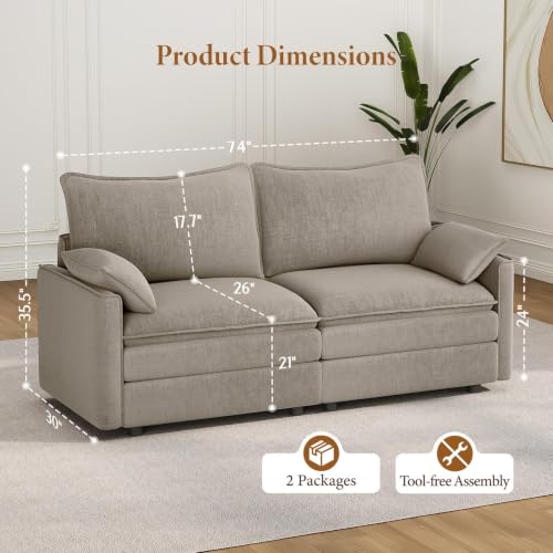 Image of Vesgantti 74 inch Deep Seat Loveseat Sofa, Small Cloud Couch Sectional, Brown