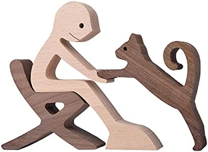 Wooden Men and Cat Sculpture, Handmade Animal Figurines, Wood Decor Collectible Figurine for Home Office Natural ECO Friendly
