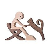 Wooden Men and Cat Sculpture, Handmade Animal Figurines, Wood Decor Collectible Figurine for Home Office Natural ECO Friendly