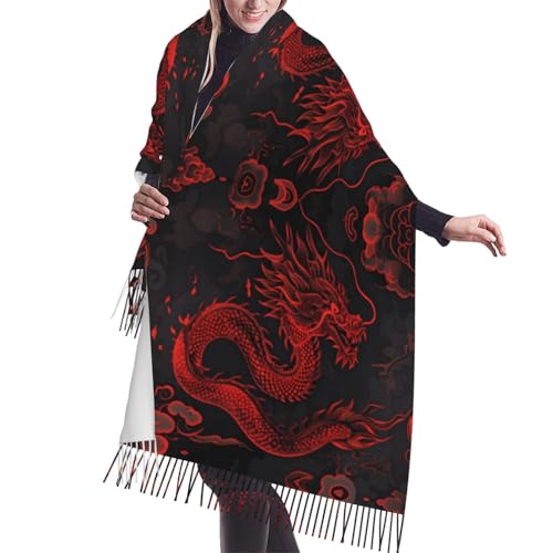 Red Dragon On Black Pashmina Shawls Scarf Wraps for Women, Fall Winter Large Blanket Scarf Fashion Scarves