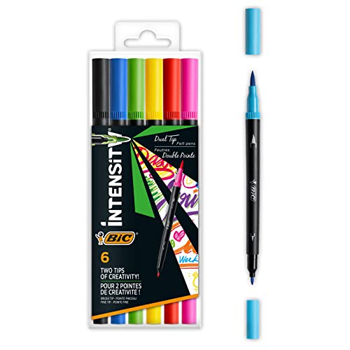 BIC Intensity Filzstifte Set, Dual Tip Brush Pen zum Malen in 6 verschiedenen Farben, mit dicker und dünner Spitze