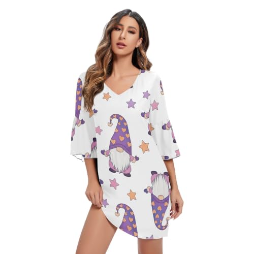 Robe d'été blanche fluide manches 3/4 imprimé nain violet pour femme