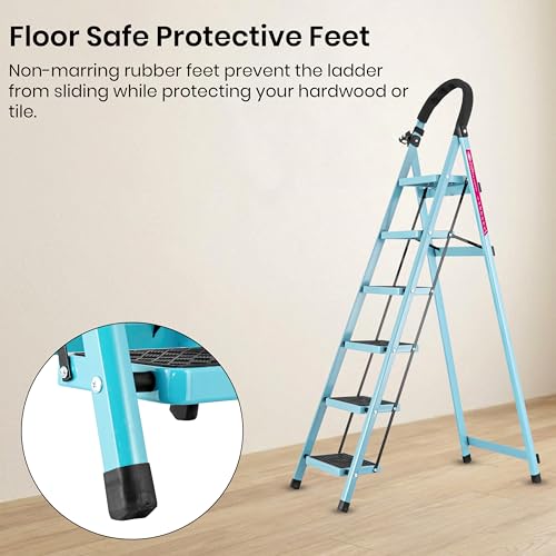 Image of Casa Copenhagen Teal Blue 6 Step Ladder for Home Use with Built-in Tool Tray | Heavy Duty D Shape Rods | Ultra Large Platform | Wide Rubber Feet | 150Kg Capacity Foldable Ladder - 7 Years Warranty
