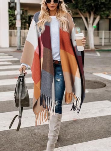Image of Bestshe Women's Boho Open Front Poncho Plaid Shawl Wrap Cape | Tassel Cardigan Sweater, Cozy Layering, Fall Winter Clothes for Women