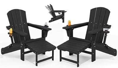 KINGYES Folding Adjustable Adirondack Chair with Retractable Ottoman Set of 2, HDPE Oversized Outdoor Chair with Cup Holder, Wood-Like Reclining Versatile Adirondack Chair, Black