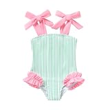 Happy Town Toddler Swimsuit Girl Solid Color Stripe One-Piece Baby Bathing Suits (Green Stripe and Pink, 18-24 Months)