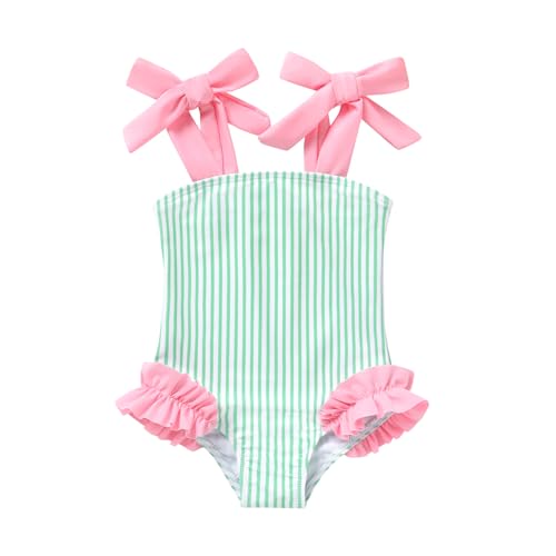 Happy Town Toddler Swimsuit Girl Solid Color Stripe One-Piece Baby Bathing Suits (Green Stripe and Pink, 18-24 Months)