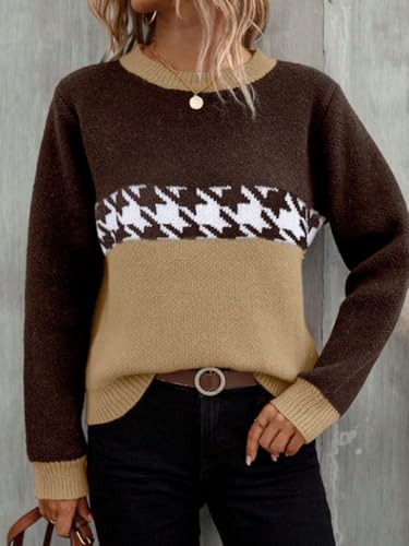 Image of chouyatou Women's Vintage Color Block Long Sleeve Pullover Sweater Houndstooth Printed Crewneck Jumper Tops