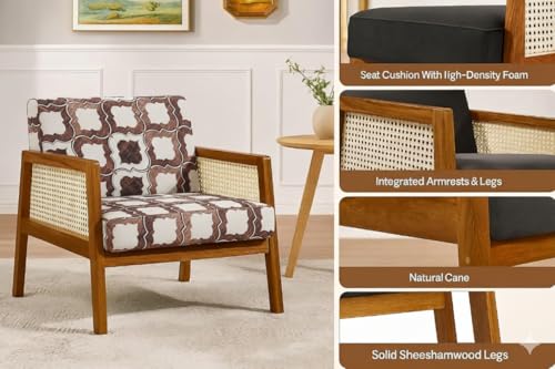 Image of Solid Sheesham Wood Arm Chair with Cushion || Cane Chairs for Balcony || Wooden Chair for Living Room Furniture || Modern Accent Chair for Living Room, Rattan Cane Chairs, Dining Chair Brown Finish