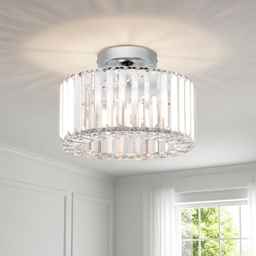 ANWIO Crystal Ceilings Light,Modern Industrial Chandeliers Light Fittings Ceilings,LED Ceiling Lights Living Room for Bedroom Hallway Kitchen Bathroom,Dia 26.5cm,Silver Lights Shade(E27 Base)