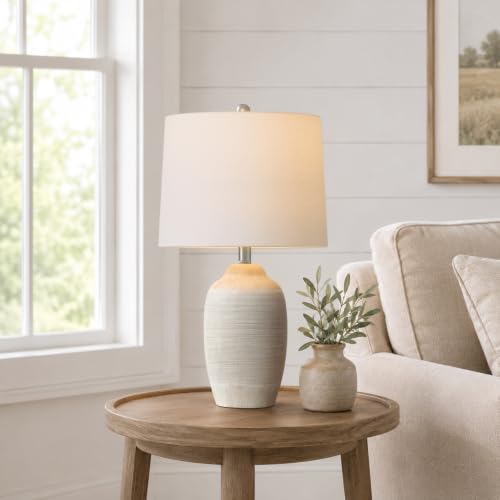 Image of 24.5 inch Ceramic Table Lamp for Living Room with Pre-Attached Shade | Single Beige Bedside Lamps, Hand-Textured Farmhouse Vintage Table Lamps for Bedroom Nightstands, Rustic Home Decor, 5FT Cord
