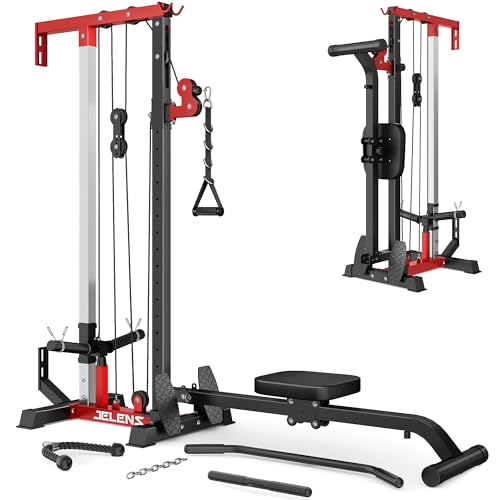 Wall Mount LAT Pulldown Machine Cable Machine with 16 Adjustable Positions High and Low Cable Crossover Machine for Home Gym (Red Classical)