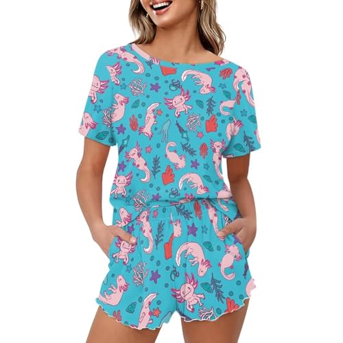 Happy Animals Women's Pajamas Set Short Sleeves Sleepwear Round Neck Comfy Pjs Loungewear Set with Pockets