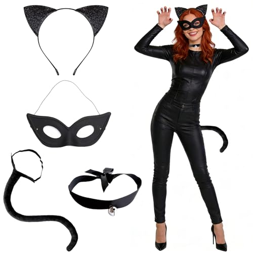 GOUYENG Déguisement Chat Femme,4 pièces Accessoires de Costume de Chat,Déguisement Chats Noir Femme,Oreille de Chats Serre Tete Collier Masque Queue,pour...