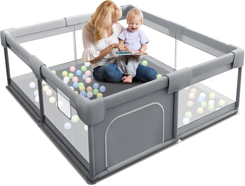 قفص لعب للاطفال من سكاي تاتش، ساحة لعب كبيرة جدا للاطفال، محمولة للاماكن المغلقة والمفتوحة، انشطة ساحة لعب امنة مع شبكة جيدة التهوية وباب بسحاب، مع 100 قطعة من كرات المحيط وملحقاتها، رمادي، 150×180 سم
