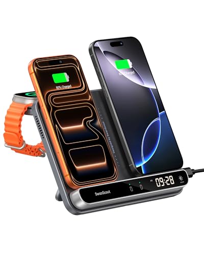 Doble Cargador Inalámbrico para iPhone 17/Air/16/15/14/13/12/11, Estación de Carga para Apple Watch 11/10/9/8/7/6/Ultra 3/SE 3 y AirPods 4/Pro 3, Dual Wireless Charger para 2 iPhone, SwanScout 710A
