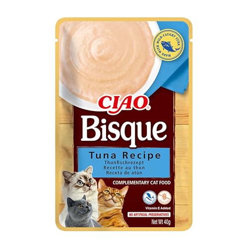 INABA Ciao Bisque - Puré Saludable para Gatos - Receta de Atún - Snacks Saludables - Premios Sin Cereales, Sin Conservantes, Sin Colorantes - Sólo 16 Calorías - 40g