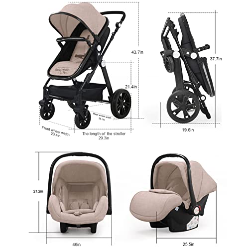 Kinderwagen 3 in 1, Combi Wandelwagen/Kinderwagen/0 tot 36 Maanden Baby/Tas/Mesh (kaki) - Afbeelding 7