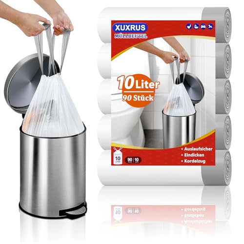 Bolsas de Basura 10L Blancas con Cierre de Cordón – 90 Unidades, 45x50cm, Bolsas de Basura 10 Litros Resistentes para Cocina, Baño, Oficina