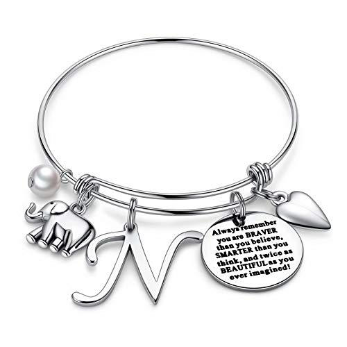 M MOOHAM Initial Bracelet Elephant Gifts - N Initial Charm Elephant Bracelet Inspirational Message Bangle Bracelet Elephant Jewelry for Women Friends Letter Expandable Bracelet 2.5 Inch