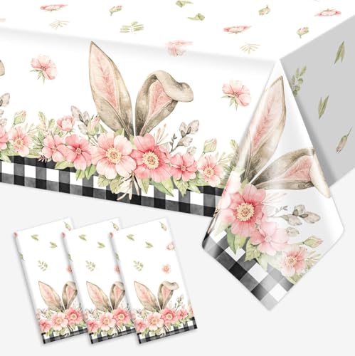 3PCS Spring Bunny Buffalo Plaid Tablecloth Disposable Waterproof Rectangular Bunny Ear Foot Flower Easter Plastic Table Cloth for Happy Easter Party Decorations Supplies 54x108 inch