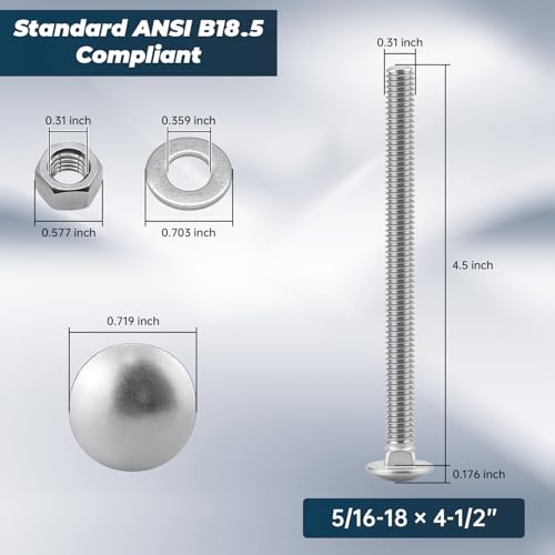 Image of 5 /16-18 x 4-1 /2 Inch Carriage Bolt Kit, 304 Stainless Steel (18-8) with Hex Nuts & Flat Washers - 6 Sets, Round Head Square Neck, Full Thread Coverage by Glvaner