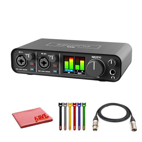 MOTU M2 USB-C Audio-MIDI Interface (3120) Bundle with 10 Ft XLR Cable, Fiber Cloth, Cable ties